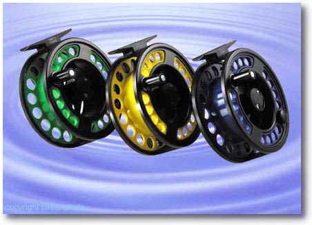 Commercial studio photograph of three brightly coloured fishing reels